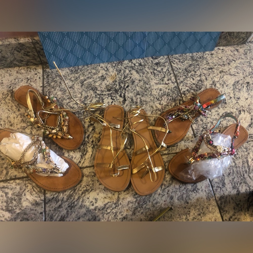 3 Retro sandals.  2 zigi soho beaded sandals and 1 gold gladiator sandals